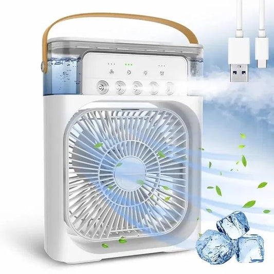 Portable Cooler Mist Fan with 7 Colors LED Light, 3 Wind Speeds and 3 Spray Modes for Office, Home, Dorm, Travel. USB Cable Inside