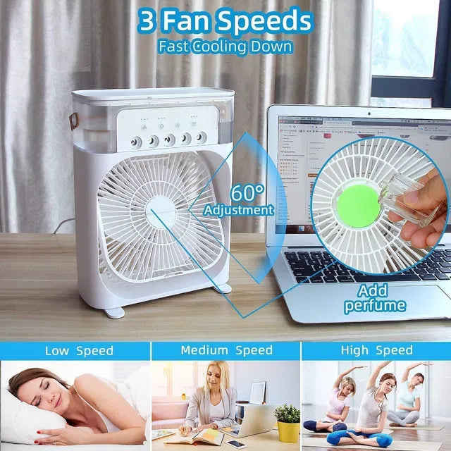 Portable Cooler Mist Fan with 7 Colors LED Light, 3 Wind Speeds and 3 Spray Modes for Office, Home, Dorm, Travel. USB Cable Inside