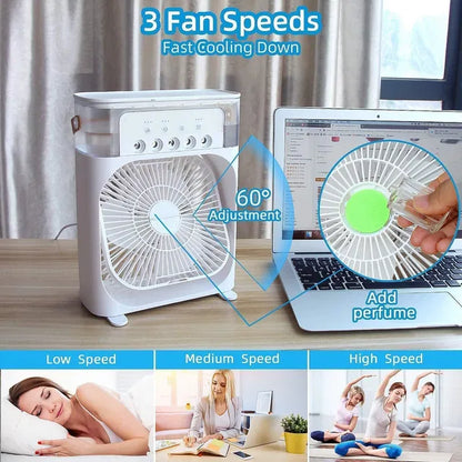 Portable Cooler Mist Fan with 7 Colors LED Light, 3 Wind Speeds and 3 Spray Modes for Office, Home, Dorm, Travel. USB Cable Inside