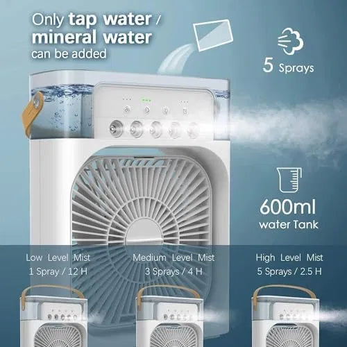 Portable Cooler Mist Fan with 7 Colors LED Light, 3 Wind Speeds and 3 Spray Modes for Office, Home, Dorm, Travel. USB Cable Inside